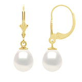 Earrings In Yellow Gold 375 and Real Cultured Freshwater Pearls Pear 8-9 mm - Natural Pearl White - Height Earrings 2,8 cm