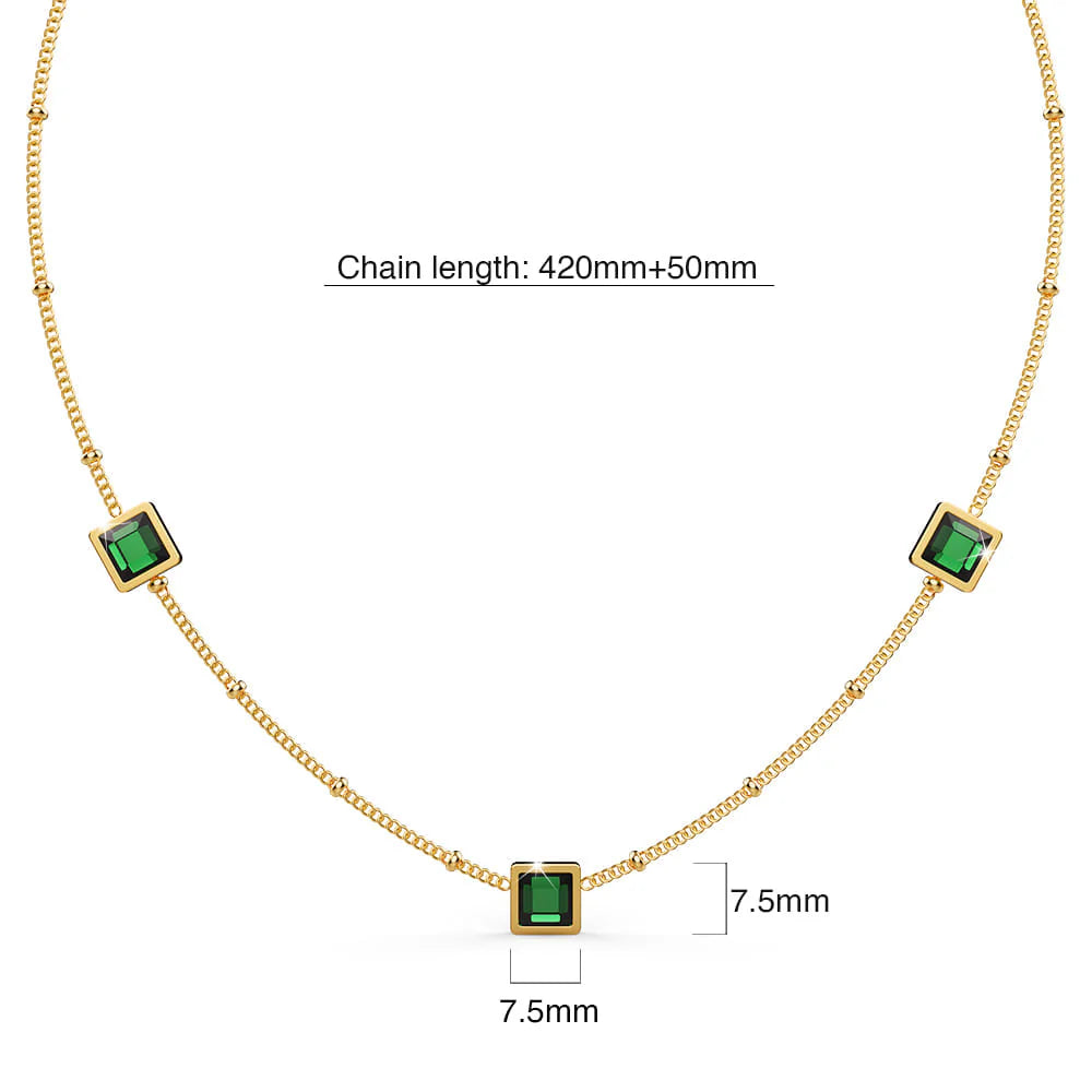 Bullion Gold Square Bezel Station Necklace in Emerald Green