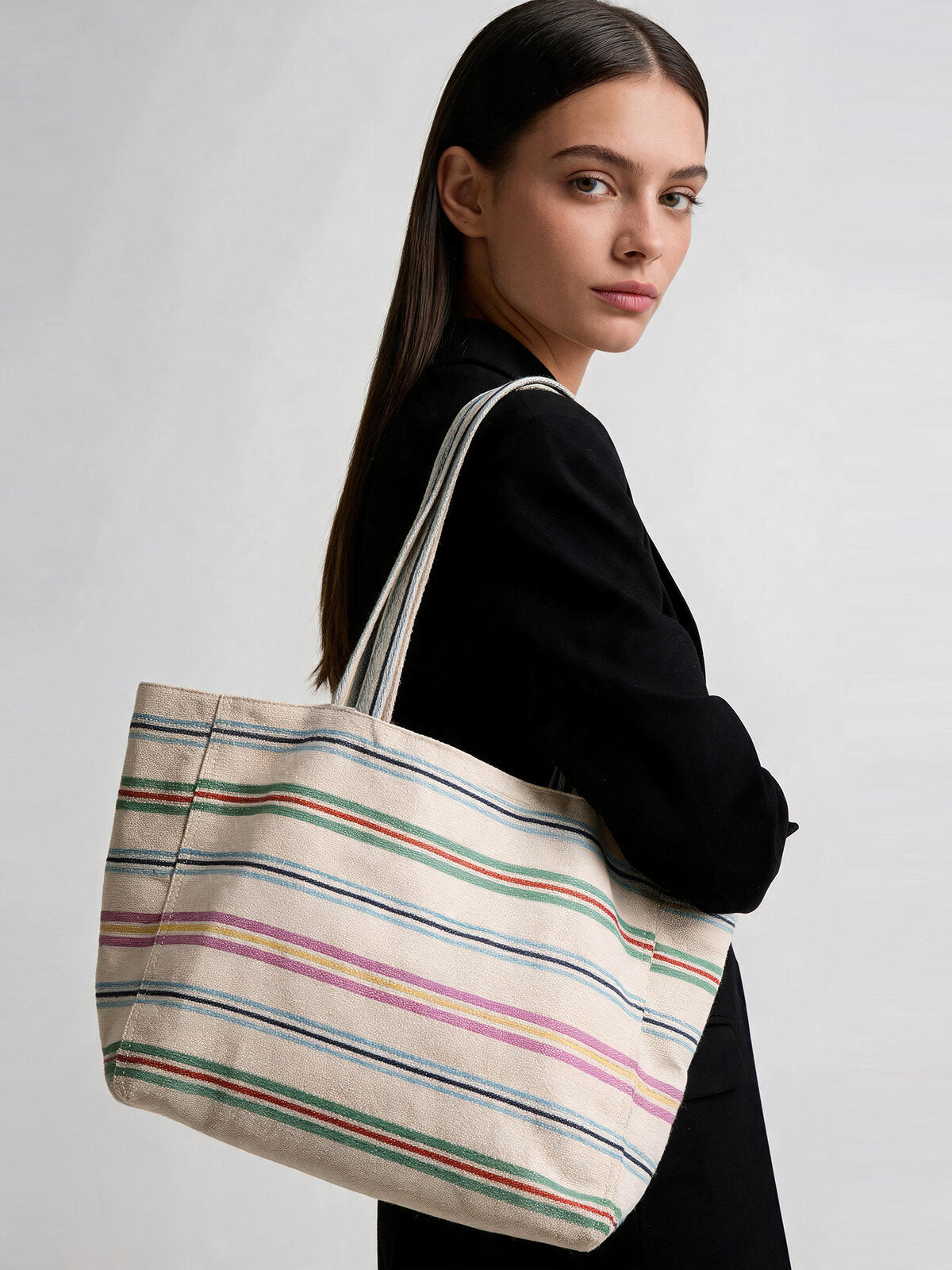 Multicolor Stripe Canvas Tote Bag - Rainbow