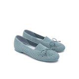Bow Hollow Mesh Knit Round Toe Low Heel Flats - Blue