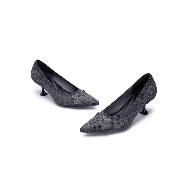 Floral Butterfly Pointed Toe Kitten Heels - Charcoal
