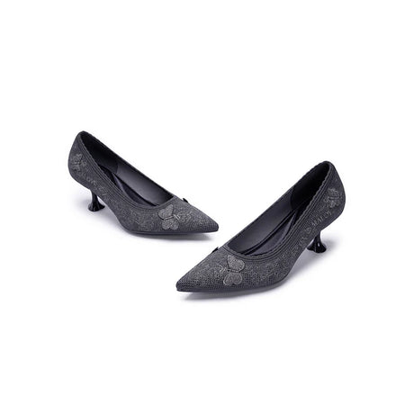 Floral Butterfly Pointed Toe Kitten Heels - Charcoal