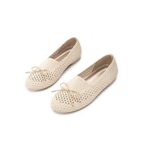 Bow Hollow Mesh Knit Round Toe Low Heel Flats - Beige