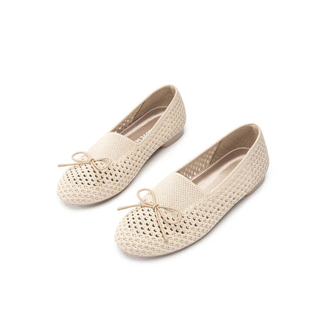 Bow Hollow Mesh Knit Round Toe Low Heel Flats - Beige
