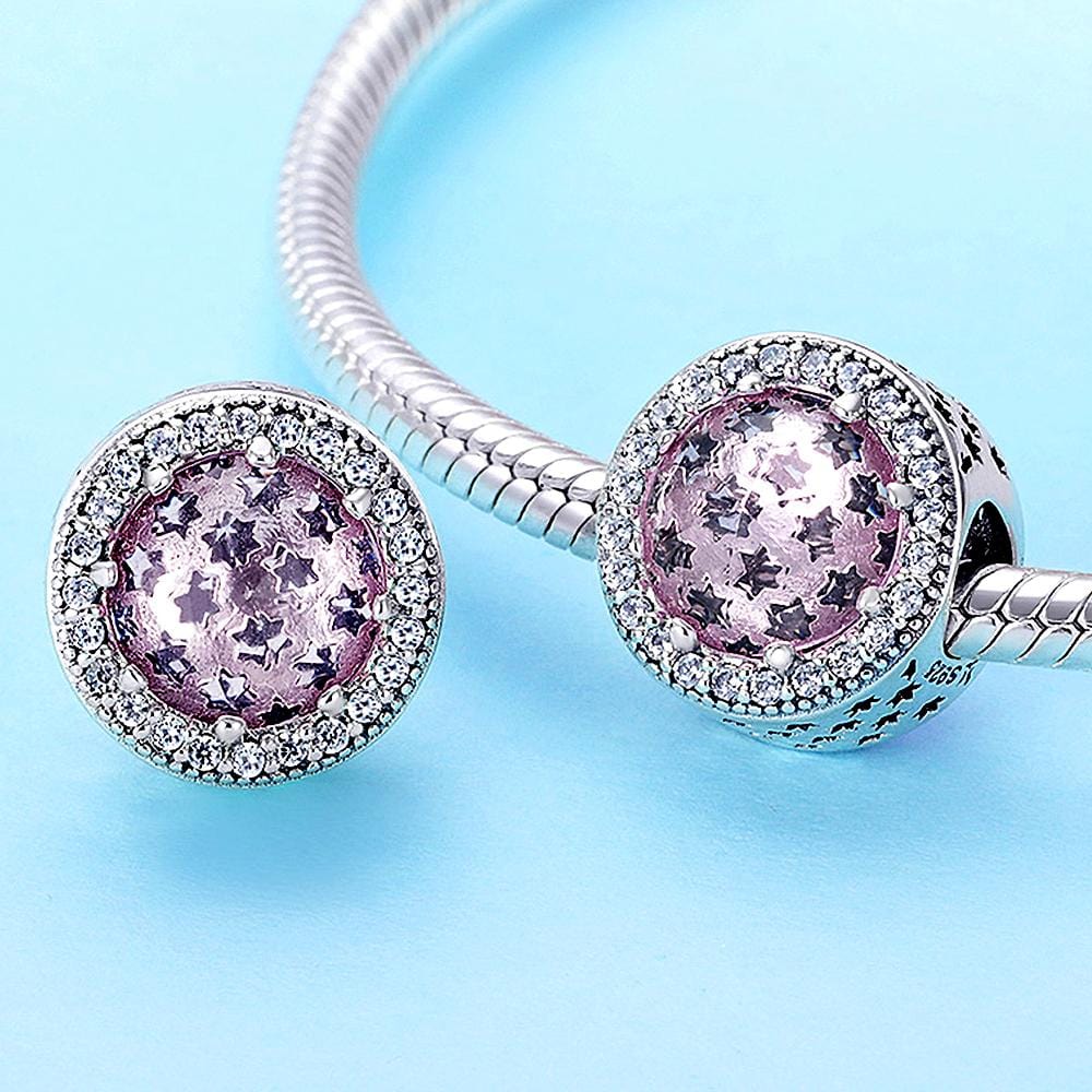 Solid 925 Sterling Silver Pink Mystic Stars CZ Charm
