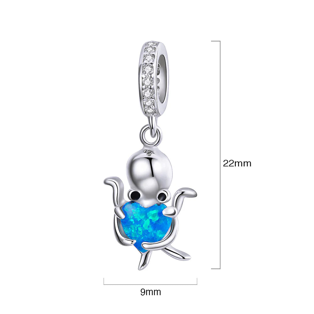 Solid 925 Sterling Silver Little Octopus feat. Blue Blazing Heart Pandora Inspired Charm