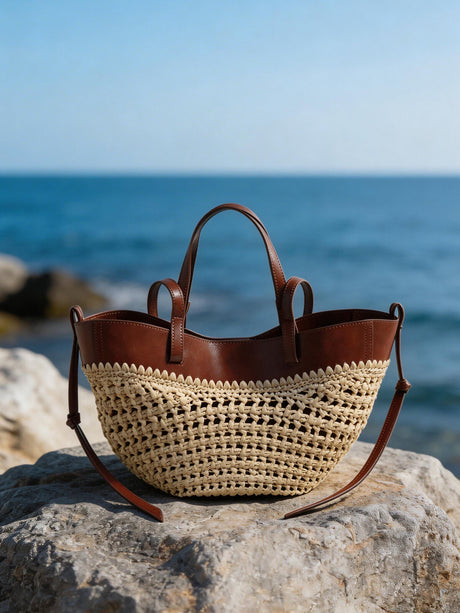 Handwoven Straw Leather Tote Bag - Brown
