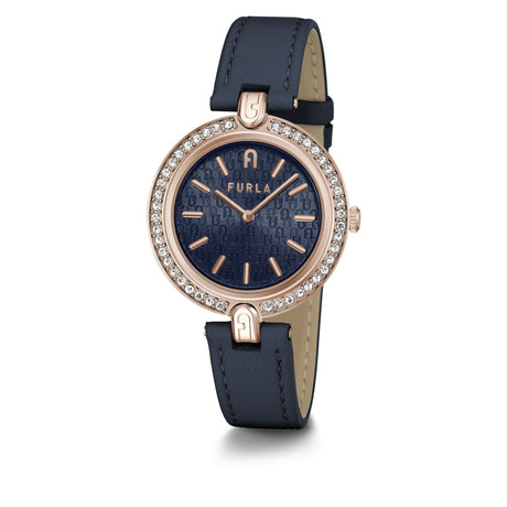 Furla Logo Links Crystal Rosegold Blue Leather