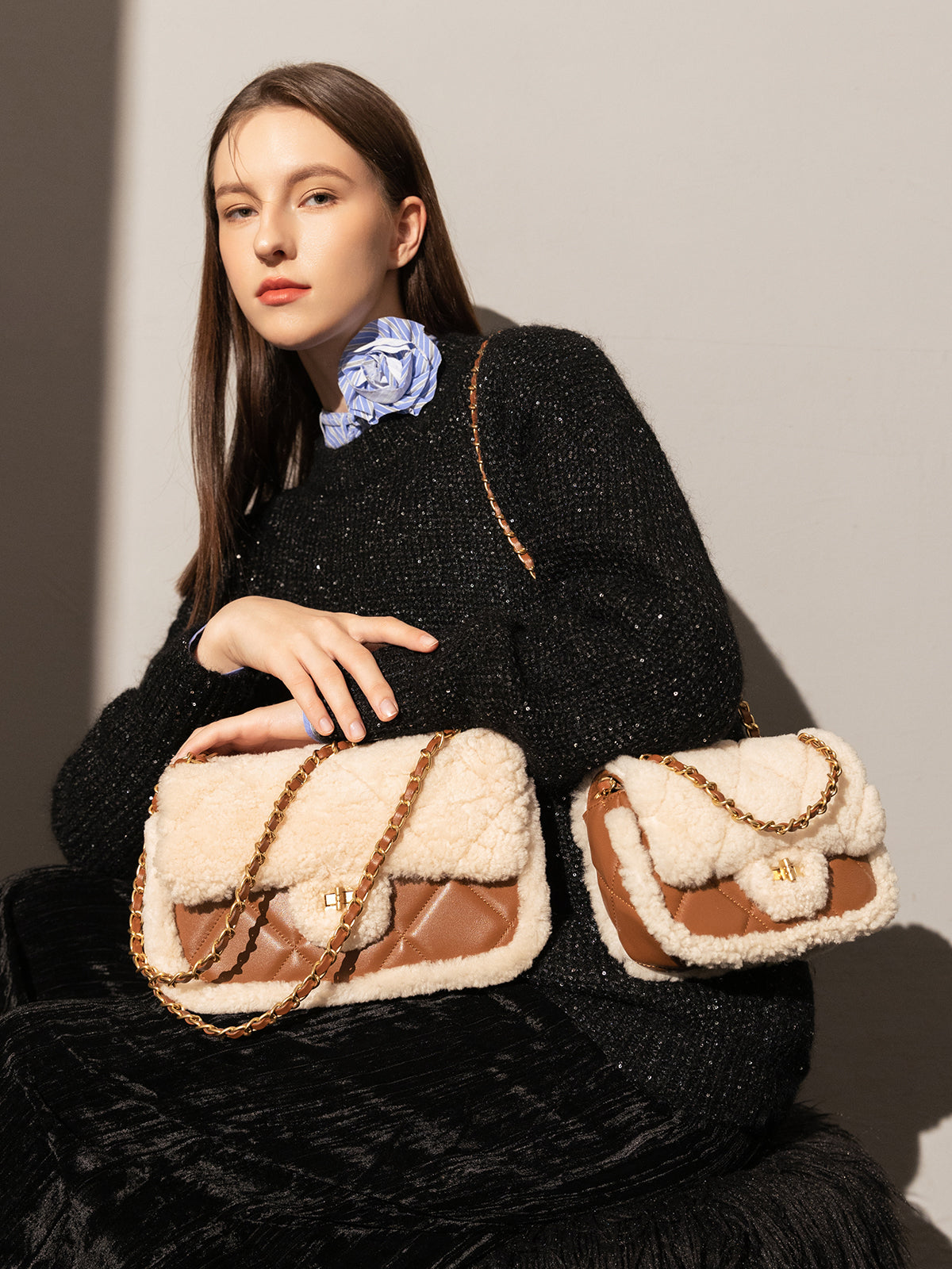 Winterthur Glam Quilted Lambswool Shoulder Bag - Brown