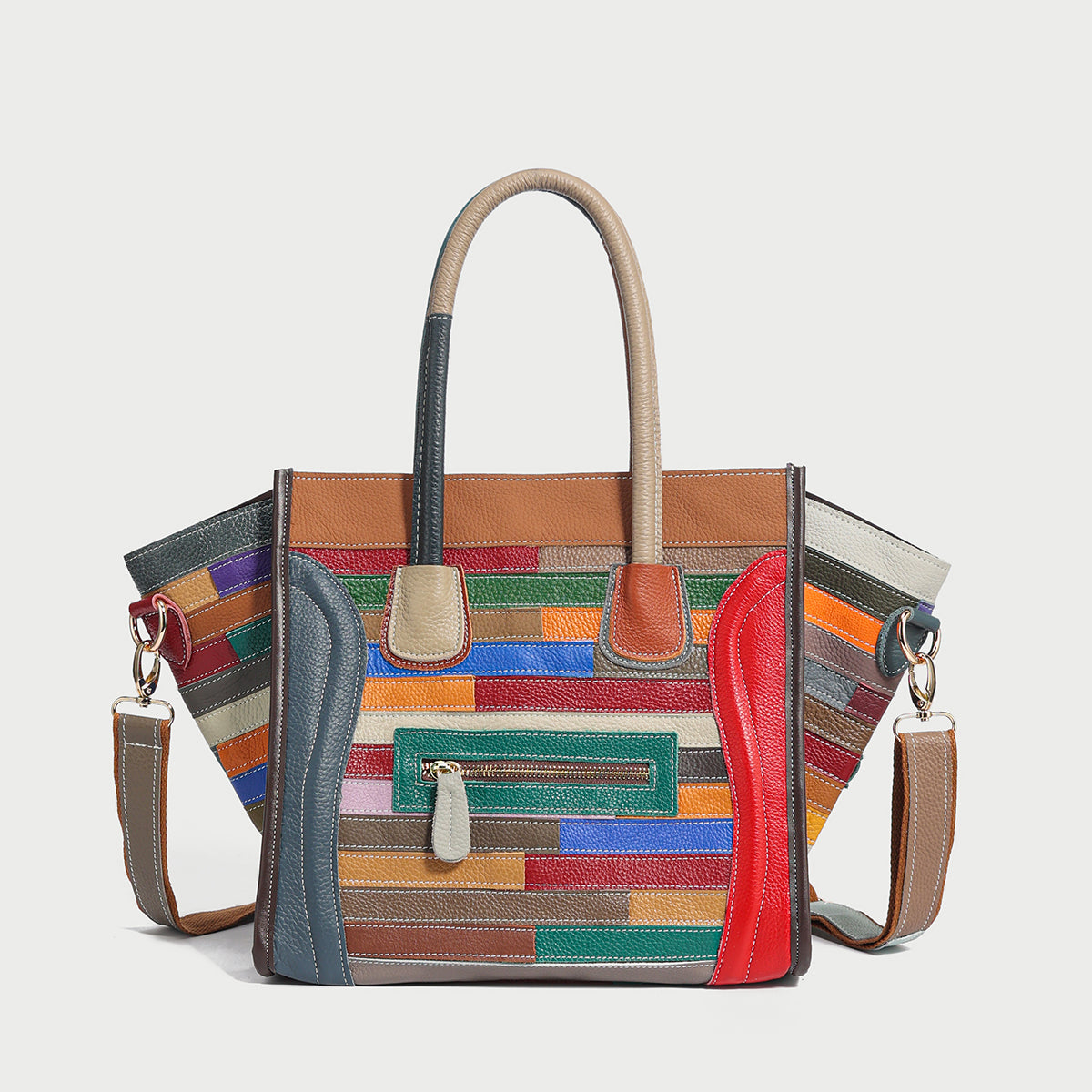 Multicolor Patchwork Leather Trapeze Tote Bag - Rainbow