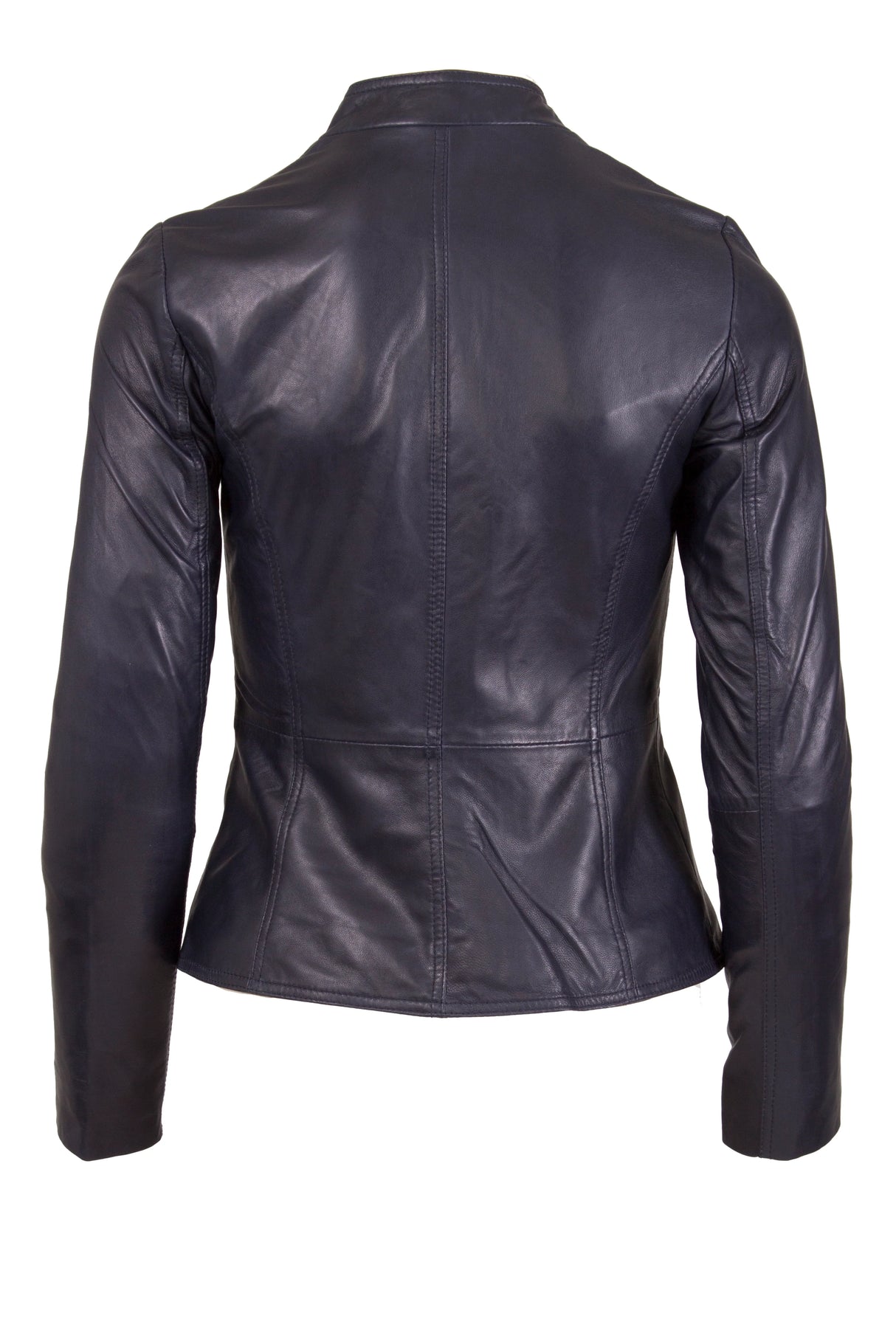 Womens Leather Stand Up Collar Jacket in Night Blue