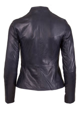 Womens Leather Stand Up Collar Jacket in Night Blue