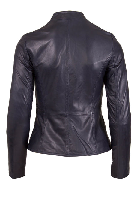 Womens Leather Stand Up Collar Jacket in Night Blue