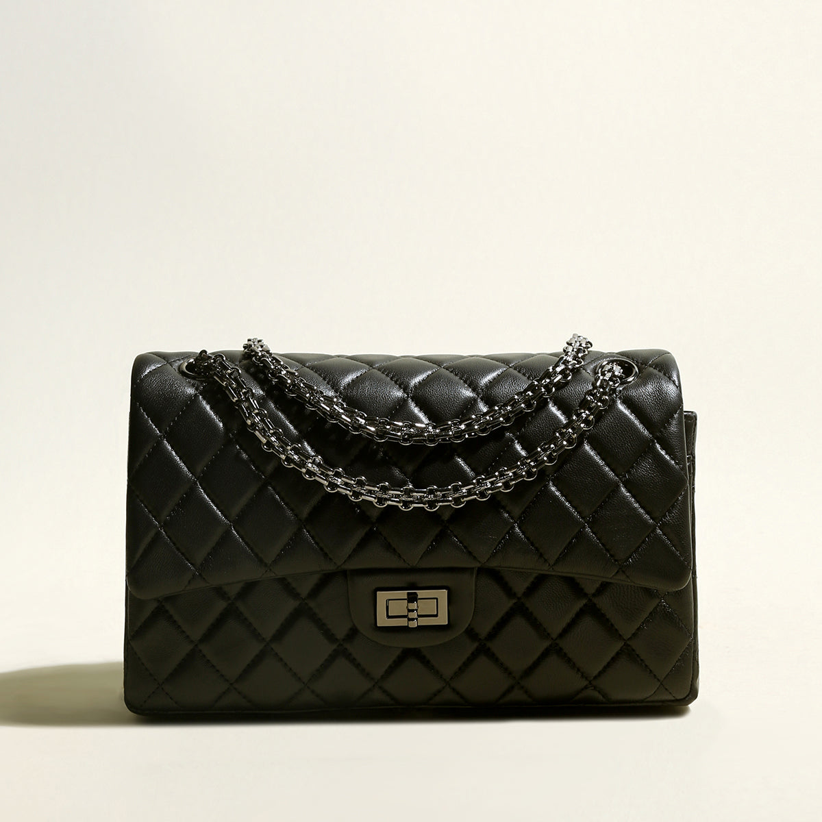 Large Black Quilted Lambskin Leather Flap Shoulder Bag - Black