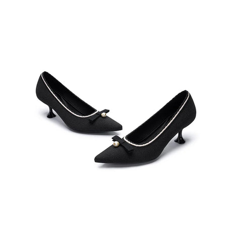 Parisian Pearl Bow Kitten Heels - Black