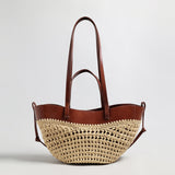 Handwoven Straw Leather Tote Bag - Brown