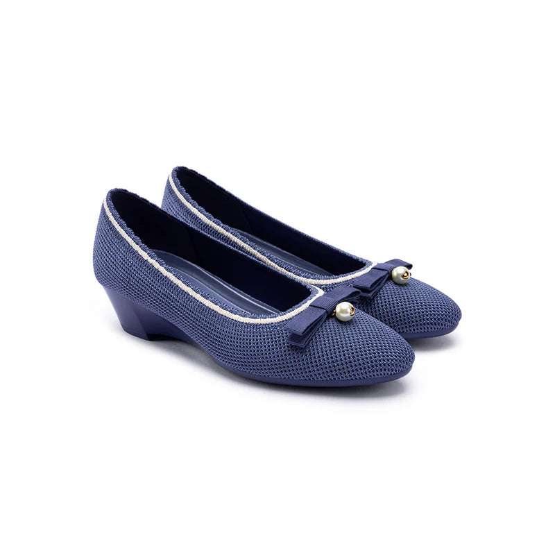 Shallow Wedge Pearl Bow Work Shoes - Indigo