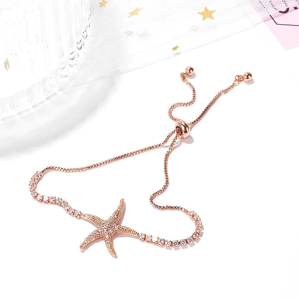 Bullion Gold Starfish Slider Bracelet with Simulated Diamond in Rose Gold Layered Steel Jewellery