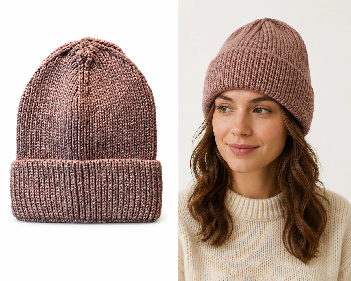 Cherry Red Chunky Knit Beanie - Brown