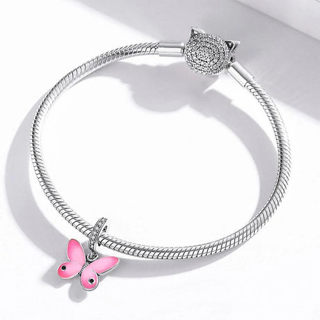 Solid 925 Sterling Silver Pink Sweet Butterfly Pandora Inspired Charm