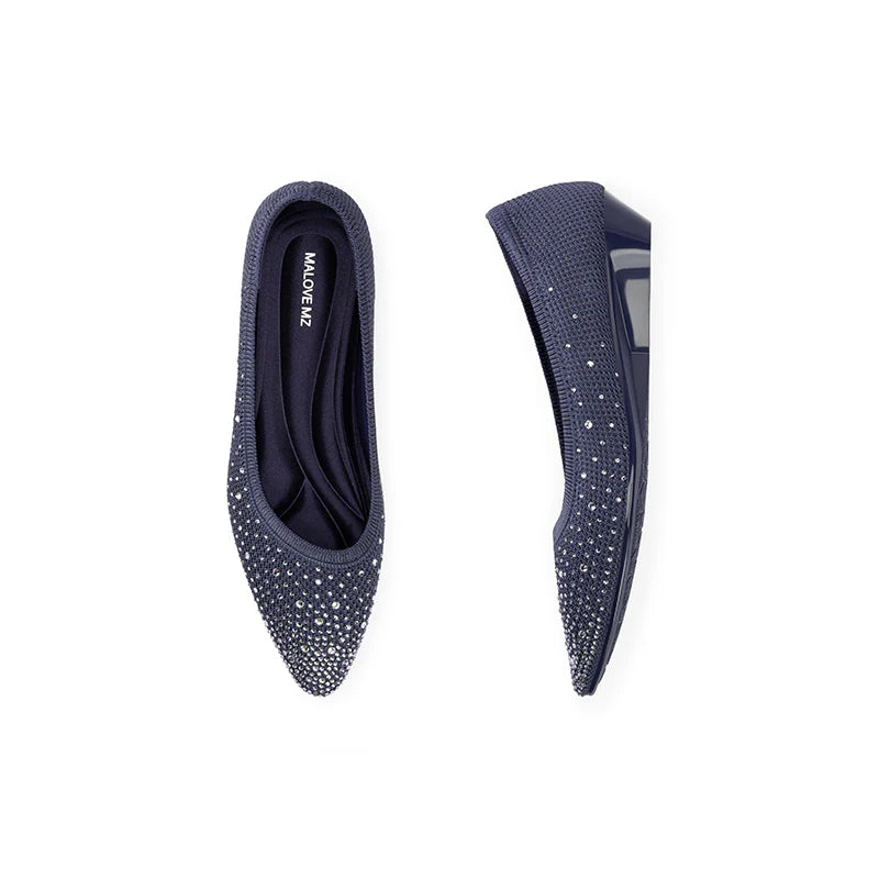 Rhinestone Gradient Knit Pointed Toe Wedge Flats - Navy