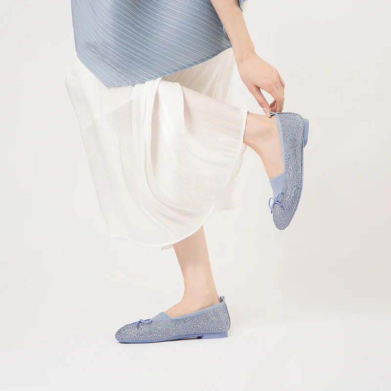 Rhinestone Bow Knit Round Toe Ballet Flats - Blue