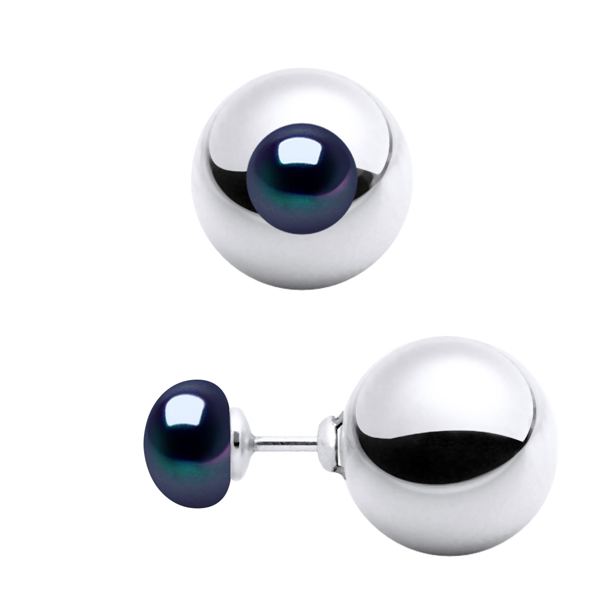 Earrings Both Sides Real Cultured Freshwater Pearls 7 mm - "Black Tahitian Style" - Diameter Ball Silver 925 - 12 mm