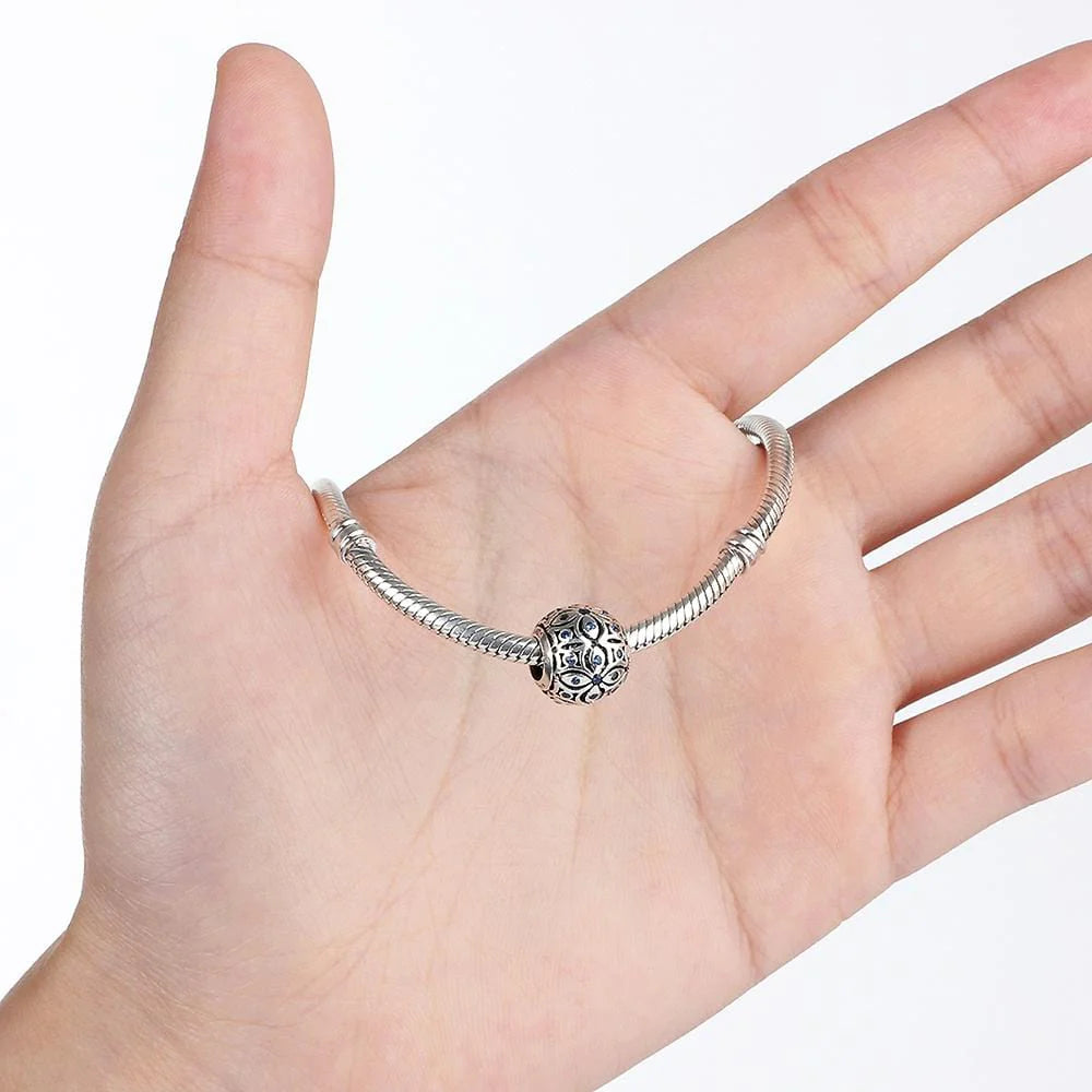 Solid 925 Sterling Silver Floral with Sapphire Blue CZ Charm