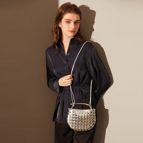 Sculpted Riviera Woven Leather Hobo Bag - Silver