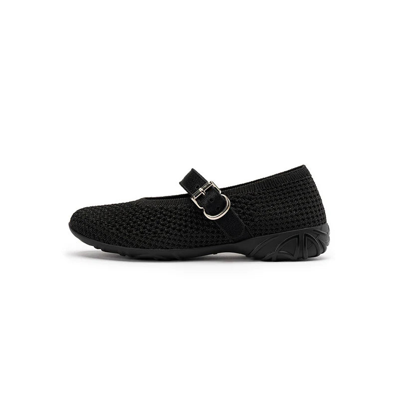 Heart Cutout Breathable Mesh Mary Jane Wedges - Black