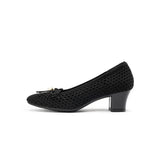 Pearl Bow Mesh Knit Round Toe Pumps - Black