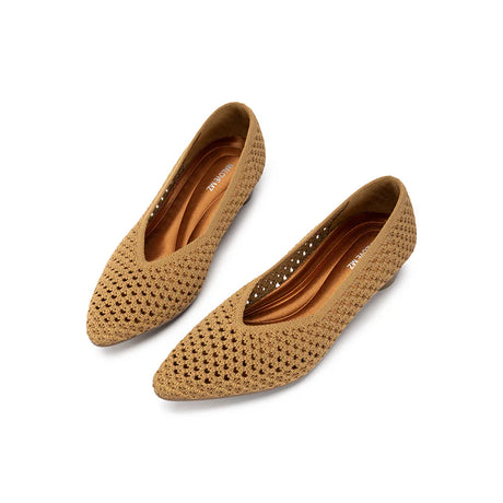 Heart Mesh Knit Pointed Toe Wedge Pumps - Tan