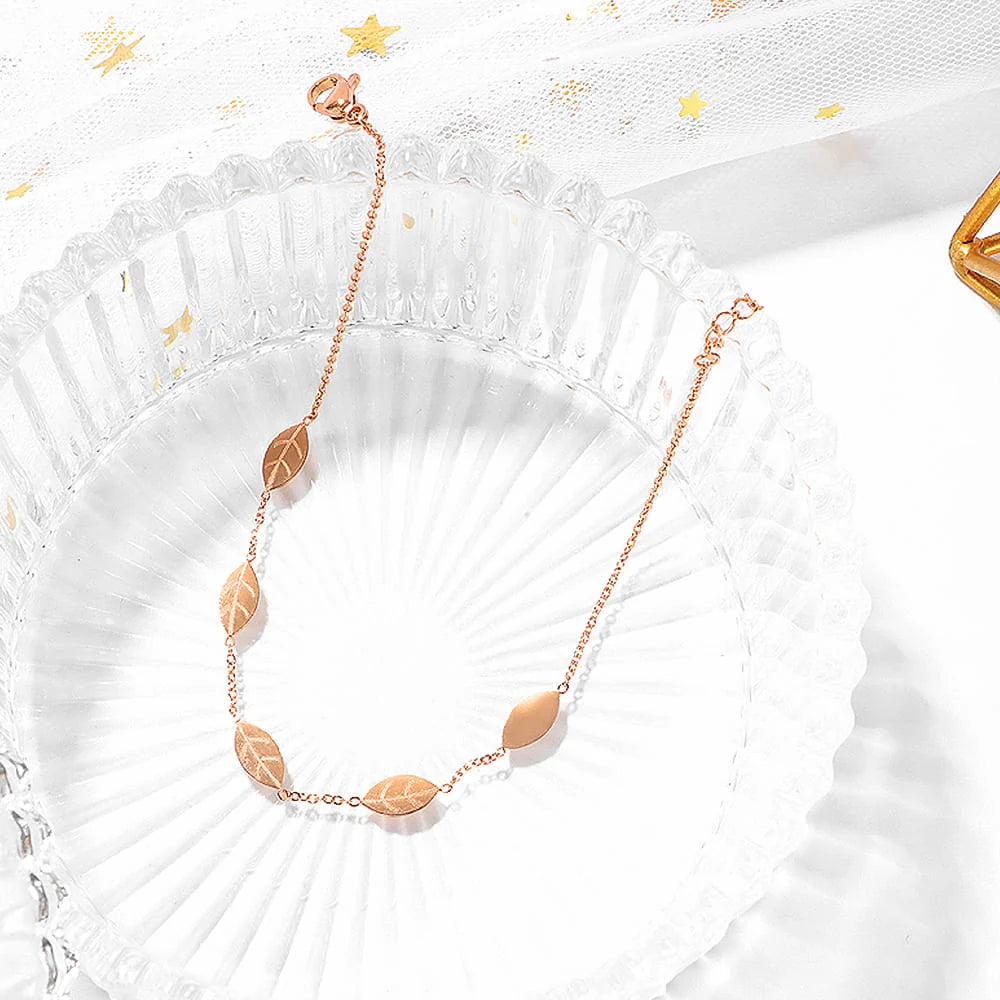 Bullion Gold Falling Leaves Chain Anklet in Rose Gold Layered Steel Jewellery