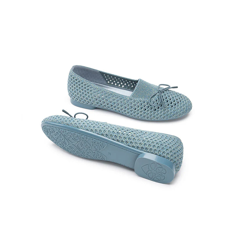 Bow Hollow Mesh Knit Round Toe Low Heel Flats - Blue