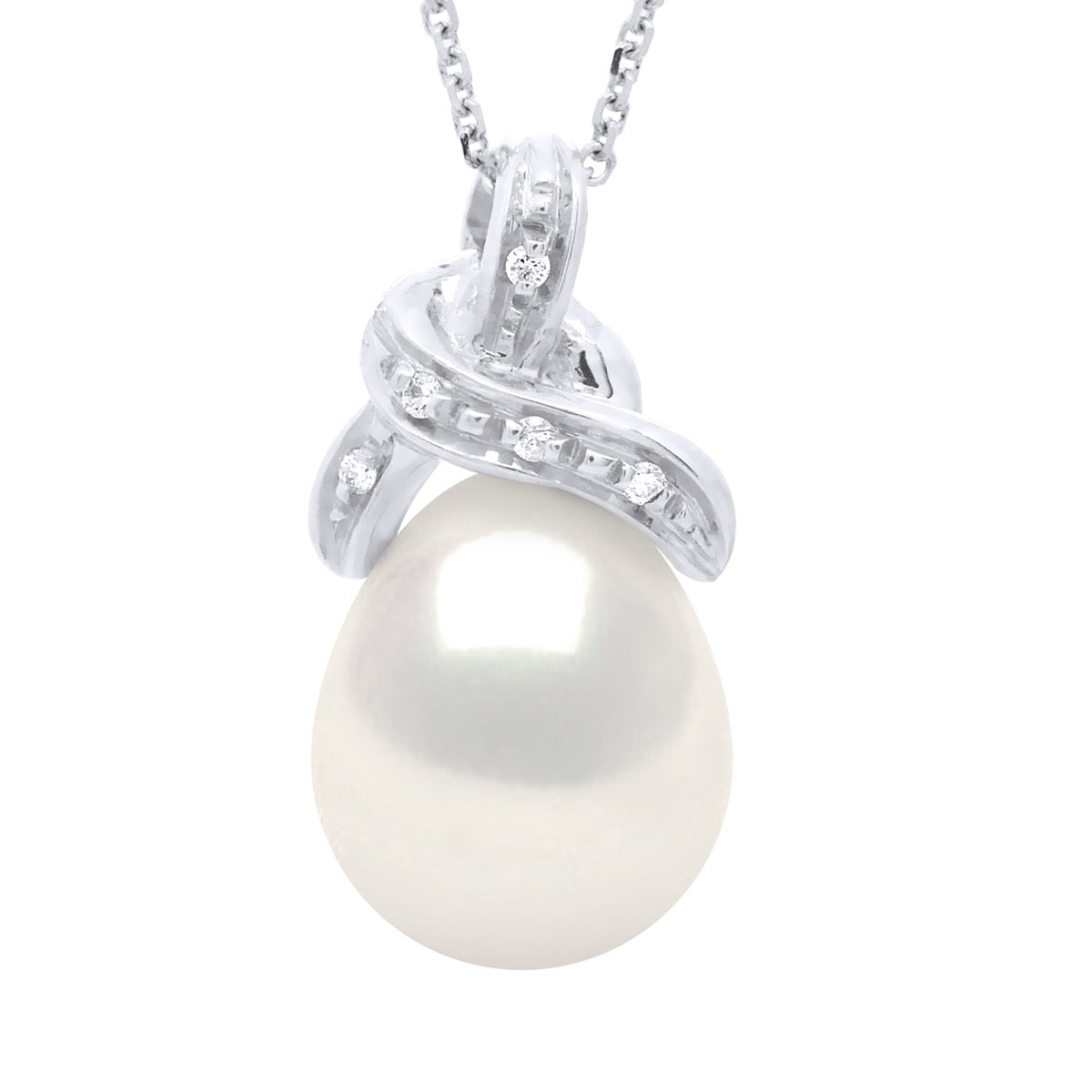 Necklace Beaded Pendant Knot White Gold and Diamonds 0.04 Cts ( 4 X 0,01 Cts ) Real Freshwater Pearl Pear 9-10 mm - Longueur 42 cm