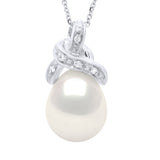 Necklace Beaded Pendant Knot White Gold and Diamonds 0.04 Cts ( 4 X 0,01 Cts ) Real Freshwater Pearl Pear 9-10 mm - Longueur 42 cm