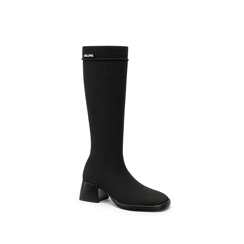 Mademoiselle Round Toe Knee High Sock Boots - Black