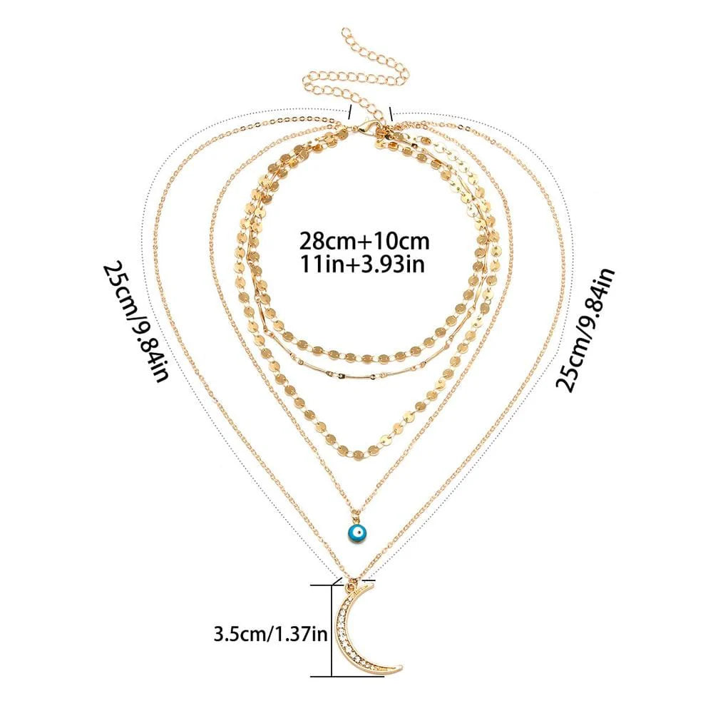 Multilayer 5 Piece Stunning Blue Eye and Moon Layering Gold Necklace