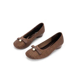 Pearl Bow Czech Crystal Knit Round Toe Wedge Pumps - Chocolate
