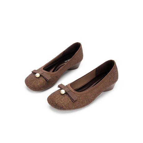 Pearl Bow Czech Crystal Knit Round Toe Wedge Pumps - Chocolate