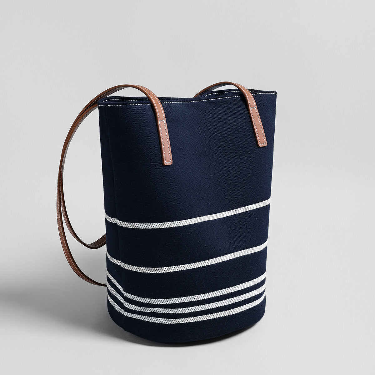 Navy Striped Canvas Bucket Tote - Navy