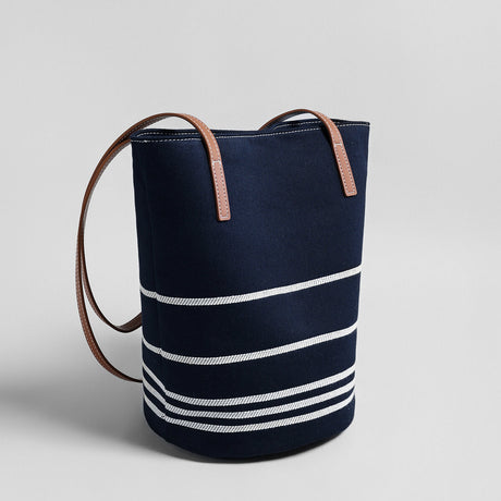 Navy Striped Canvas Bucket Tote - Navy