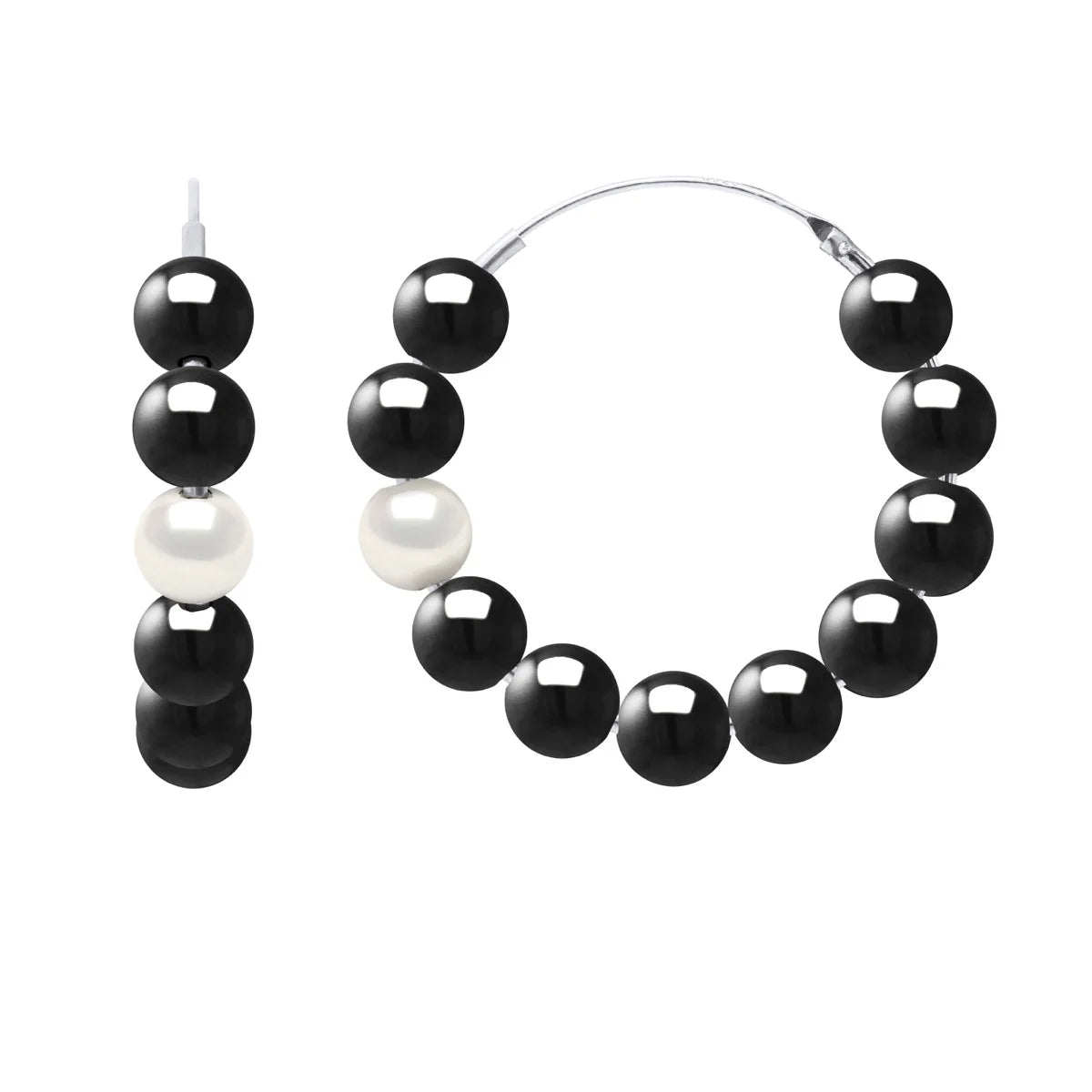 Earrings Freshwater Pearl & Black Obsidian White Sterling Silver