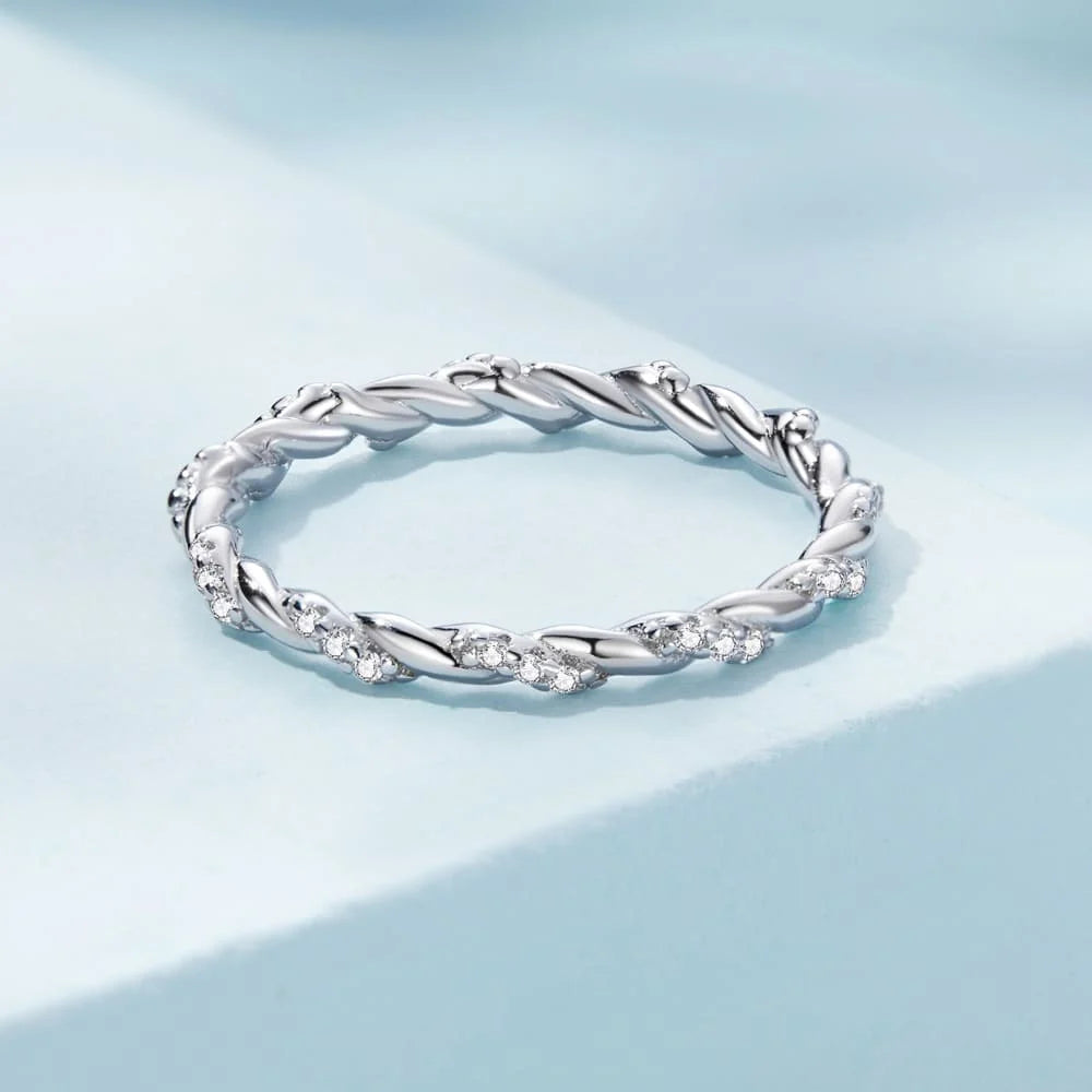 Solid 925 Sterling Silver Twisted Crystal String Ring