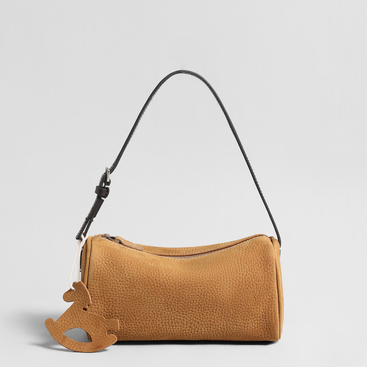 Suede Cylinder Shoulder Bag – Adjustable Crossbody Bag with Pony Charm