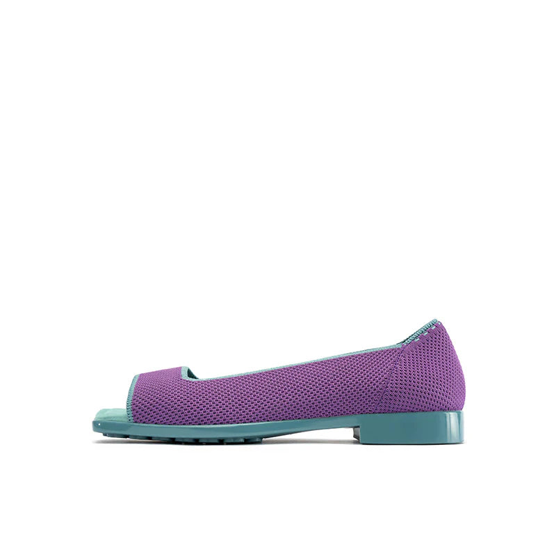 Colorblock Peep Toe Knit Flats - Purple