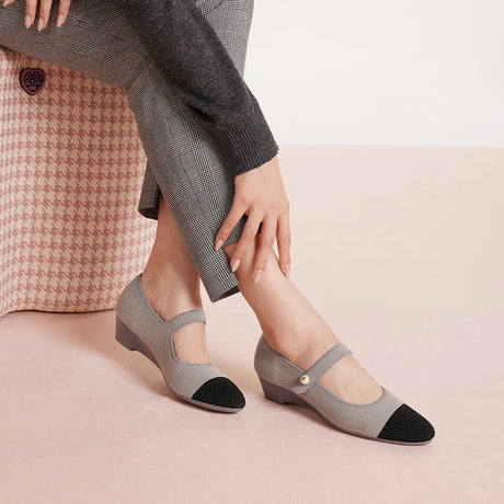 Vintage Tweed Low Heel Mary Jane Shoes - Grey