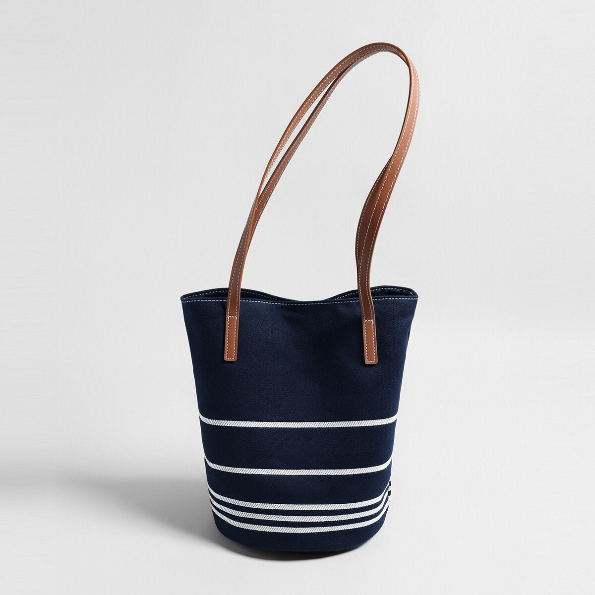 Navy Striped Canvas Bucket Tote - Navy