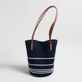 Navy Striped Canvas Bucket Tote - Navy