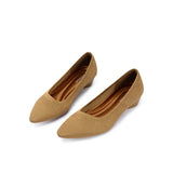 Diagonal Cut Knit Pointed Toe Wedge Flats - Tan